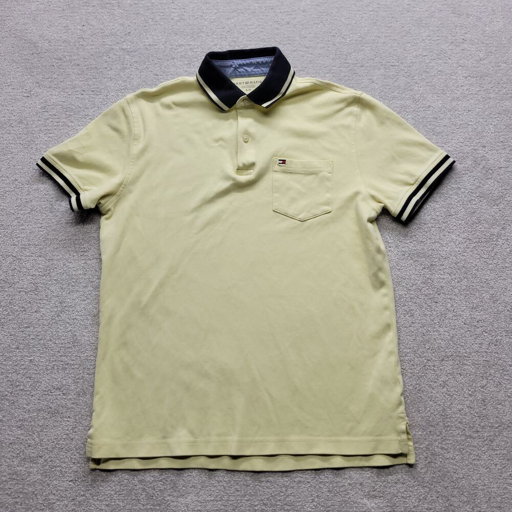 Tommy Hilfiger Men’s Small Yellow Polo Shirt Pocket Navy Trim Short Sleeve